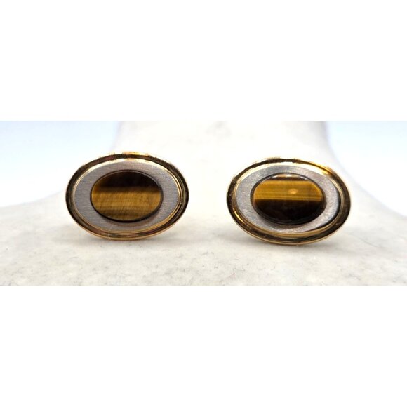 Vintage Gold Tone & Silver Oval Tigers Eye Cufflinks For Men - Picture 1 of 3